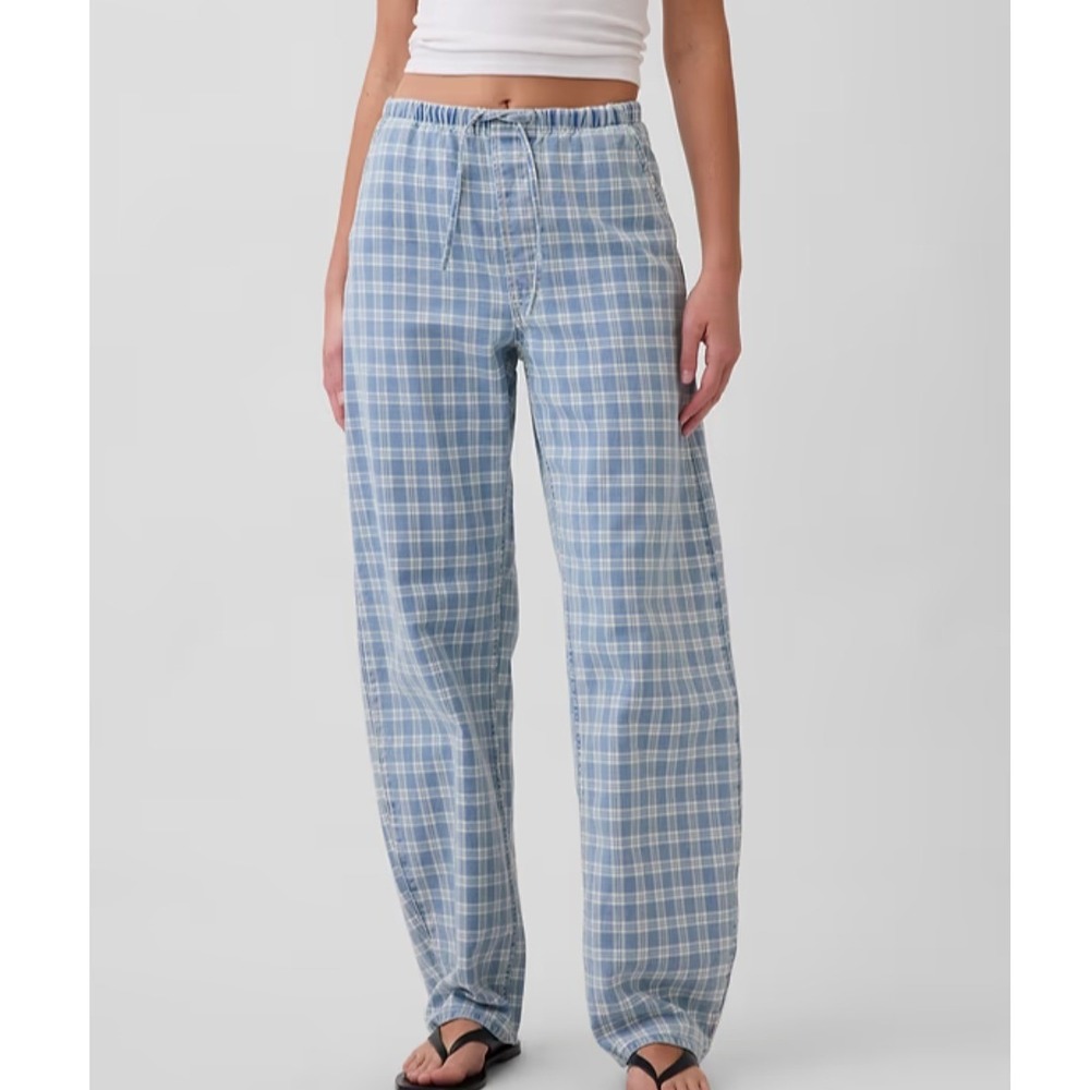 NEW Gap High Rise Easy Barrel Jeans Blue White Plaid Drawstring Small